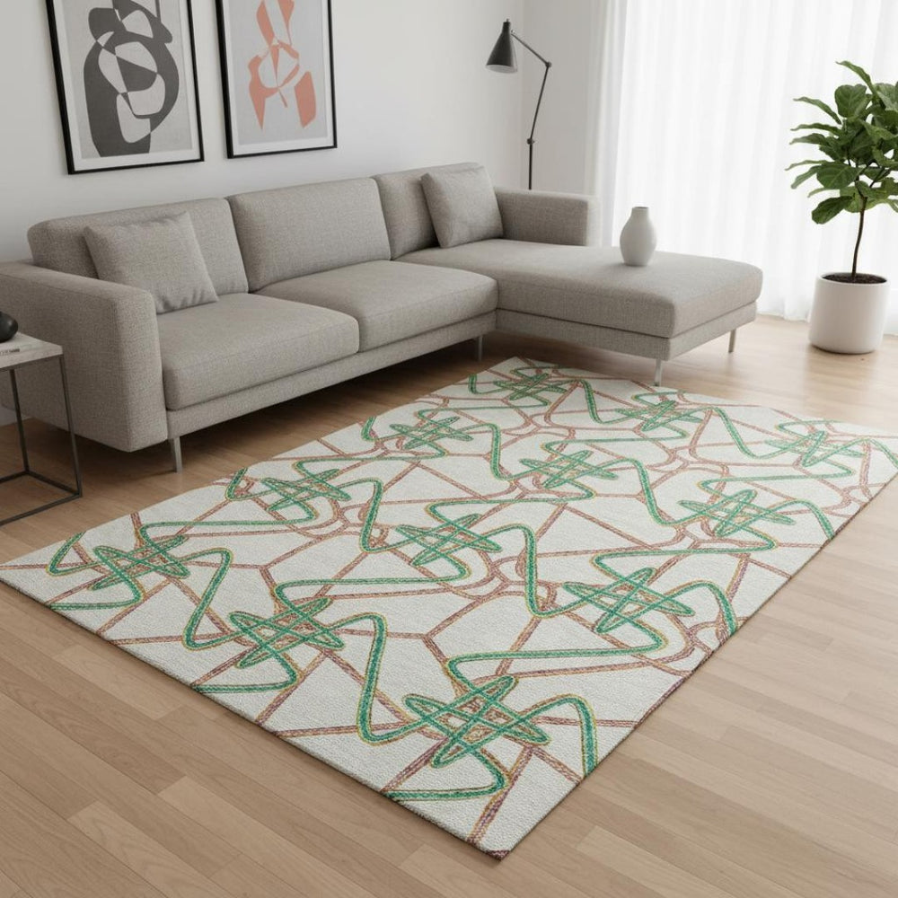 HomeRoots 5' X 8' Stylish White, Purple & Teal Geometric Area Rug - Washable, UV-Protected & Stain-Resistant! 675338