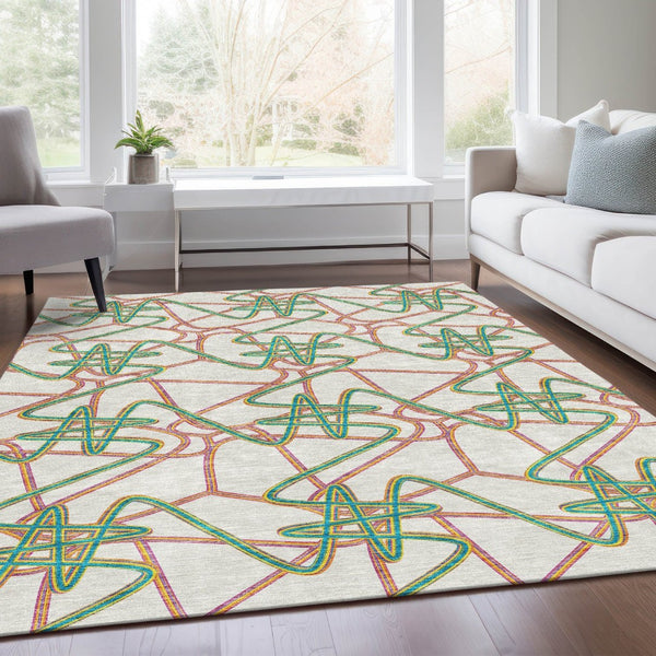 HomeRoots 5' X 8' Stylish White, Purple & Teal Geometric Area Rug - Washable, UV-Protected & Stain-Resistant! 675338