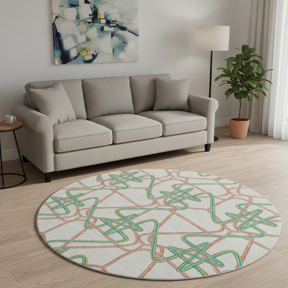 HomeRoots 8' Geometric Round Rug in White, Purple & Teal - Washable, Stain-Resistant with UV Protection! 675339