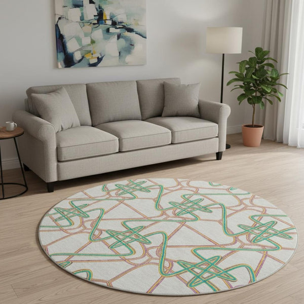 HomeRoots 8' Geometric Round Rug in White, Purple & Teal - Washable, Stain-Resistant with UV Protection! 675339