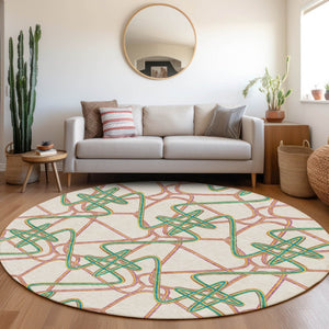 HomeRoots 8' Geometric Round Rug in White, Purple & Teal - Washable, Stain-Resistant with UV Protection! 675339