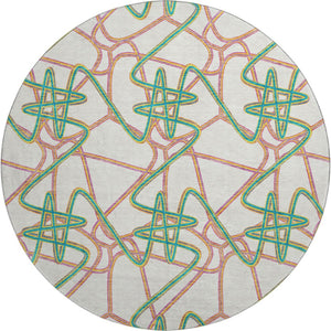HomeRoots 8' Geometric Round Rug in White, Purple & Teal - Washable, Stain-Resistant with UV Protection! 675339