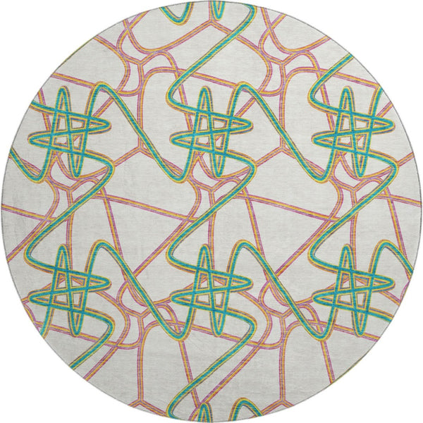 HomeRoots 8' Geometric Round Rug in White, Purple & Teal - Washable, Stain-Resistant with UV Protection! 675339