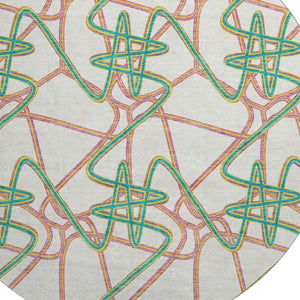 HomeRoots 8' Geometric Round Rug in White, Purple & Teal - Washable, Stain-Resistant with UV Protection! 675339