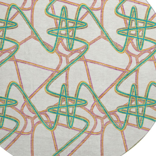 HomeRoots 8' Geometric Round Rug in White, Purple & Teal - Washable, Stain-Resistant with UV Protection! 675339