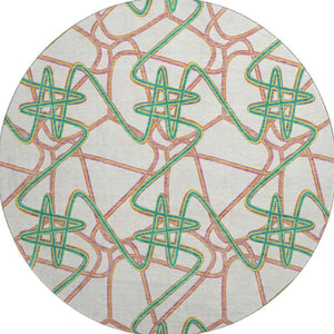 HomeRoots 8' Geometric Round Rug in White, Purple & Teal - Washable, Stain-Resistant with UV Protection! 675339