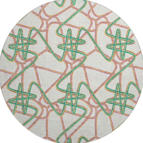 HomeRoots 8' Geometric Round Rug in White, Purple & Teal - Washable, Stain-Resistant with UV Protection! 675339