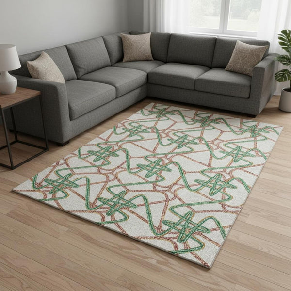 HomeRoots 9' X 12' Washable Area Rug in White, Purple & Teal - Durable, UV-Protected, Modern Geometric Design 675341