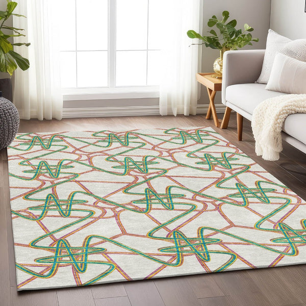 HomeRoots 9' X 12' Washable Area Rug in White, Purple & Teal - Durable, UV-Protected, Modern Geometric Design 675341
