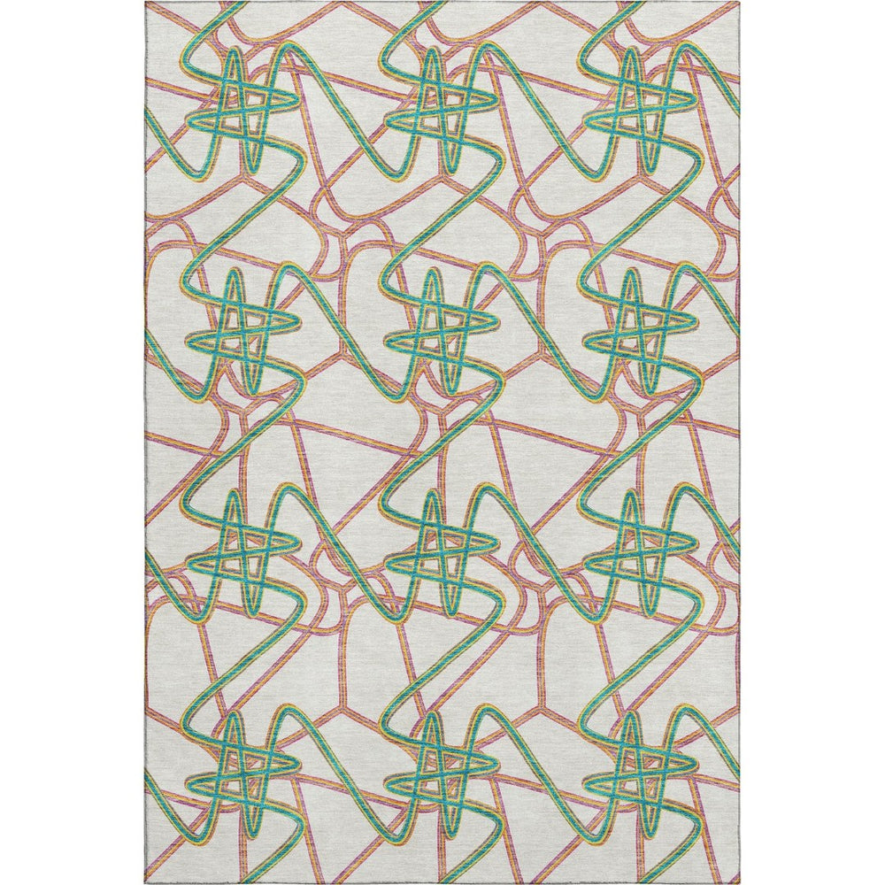 HomeRoots 9' X 12' Washable Area Rug in White, Purple & Teal - Durable, UV-Protected, Modern Geometric Design 675341