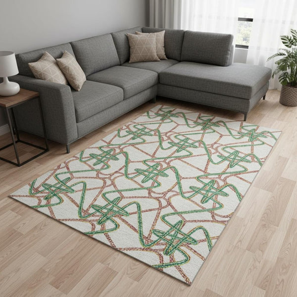 HomeRoots 10' Modern Geometric Area Rug in White, Purple & Teal - Washable, UV Protected, Stain-Resistant 675342