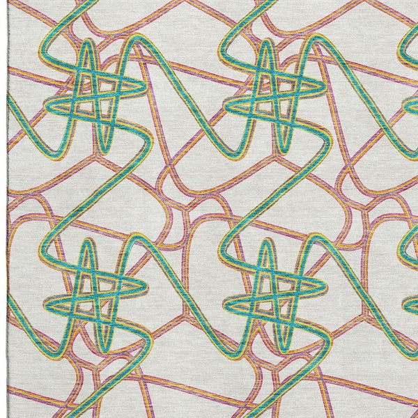 HomeRoots 10' Modern Geometric Area Rug in White, Purple & Teal - Washable, UV Protected, Stain-Resistant 675342