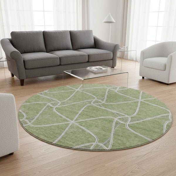 HomeRoots 8' Artichoke Green & Ivory Geometric Round Rug – Washable, UV-Protected, Perfect for High-Traffic Areas 675345