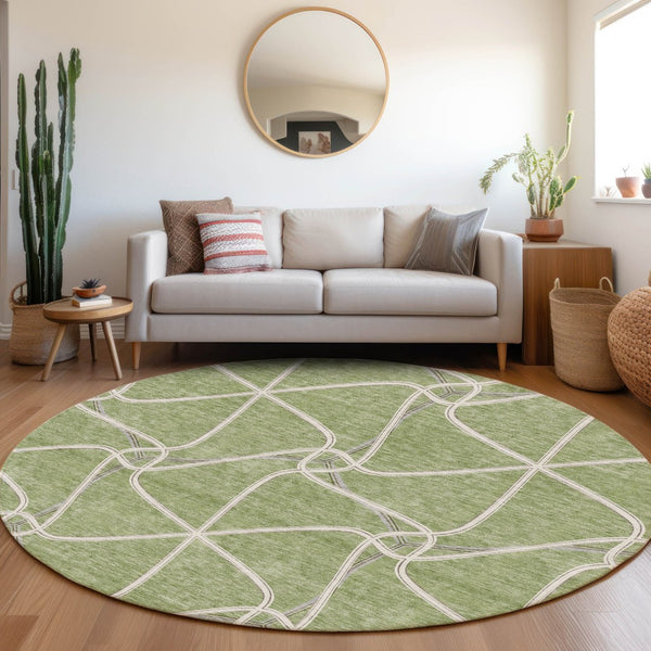 HomeRoots 8' Artichoke Green & Ivory Geometric Round Rug – Washable, UV-Protected, Perfect for High-Traffic Areas 675345