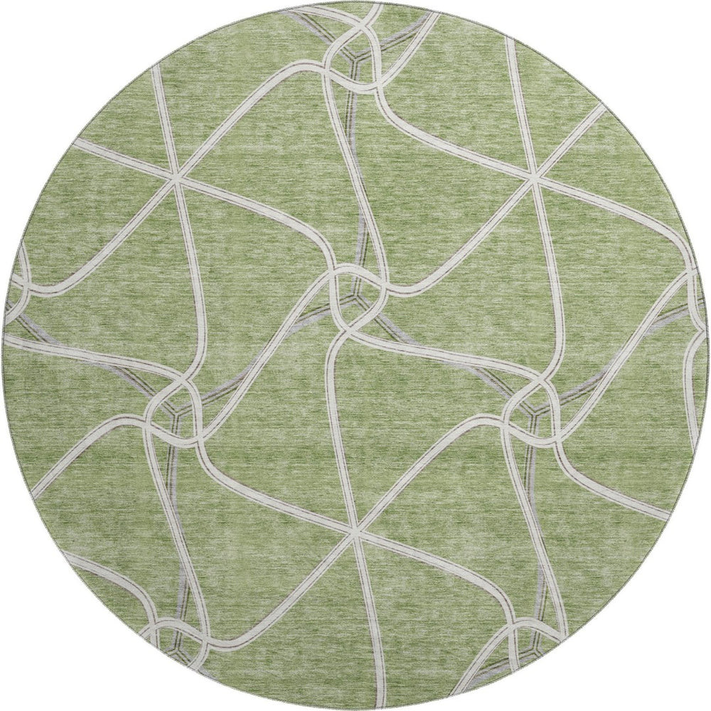 HomeRoots 8' Artichoke Green & Ivory Geometric Round Rug – Washable, UV-Protected, Perfect for High-Traffic Areas 675345