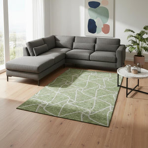 HomeRoots 8' X 10' Artichoke Green Geometric Area Rug – Washable, UV-Protected, Stylish for High-Traffic Spaces 675346