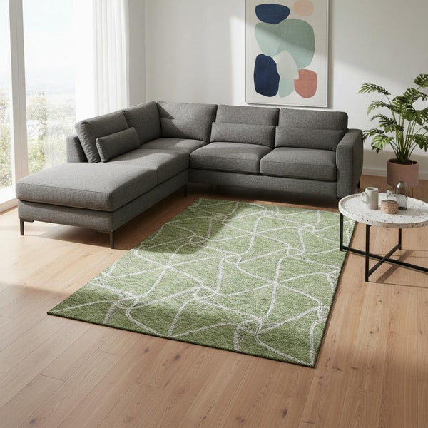 HomeRoots 8' X 10' Artichoke Green Geometric Area Rug – Washable, UV-Protected, Stylish for High-Traffic Spaces 675346