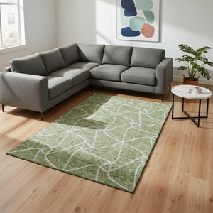 HomeRoots 9' X 12' Artichoke Green and Ivory Geometric Area Rug – Washable, Durable, UV Protected & Stylish! 675347