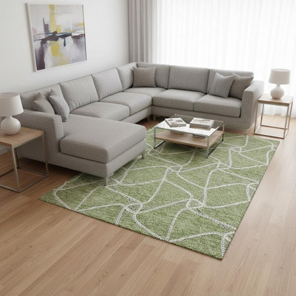 HomeRoots 10' Artichoke Green & Ivory Geometric Area Rug - Washable, Stain-Resistant, UV Protected Design 675348