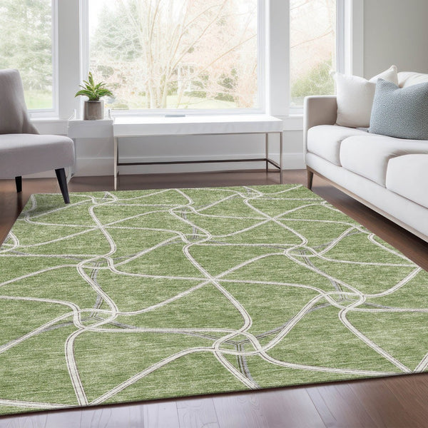 HomeRoots 10' Artichoke Green & Ivory Geometric Area Rug - Washable, Stain-Resistant, UV Protected Design 675348