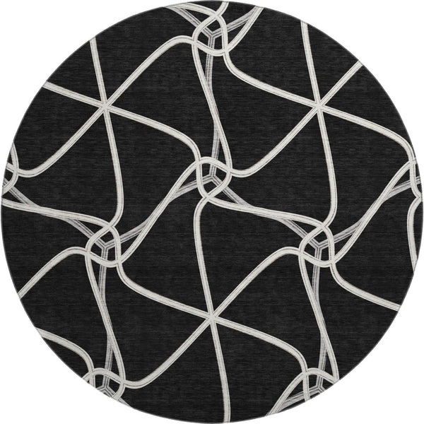 HomeRoots 8' Black And Ivory Geometric Round Rug - Washable, UV-Protected, Durable for Homes with Kids & Pets 675351