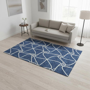 HomeRoots 5' X 8' Blue and Ivory Geometric Area Rug - Washable, UV Protected, Durable for Indoor & Outdoor Use 675356
