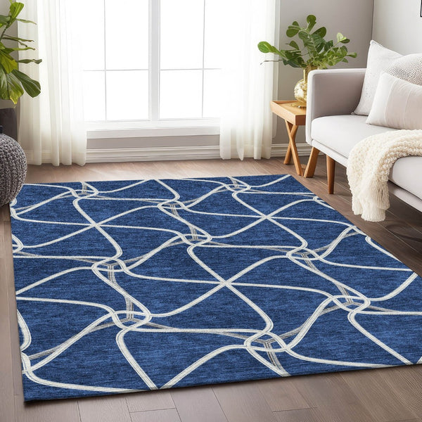 HomeRoots 5' X 8' Blue and Ivory Geometric Area Rug - Washable, UV Protected, Durable for Indoor & Outdoor Use 675356