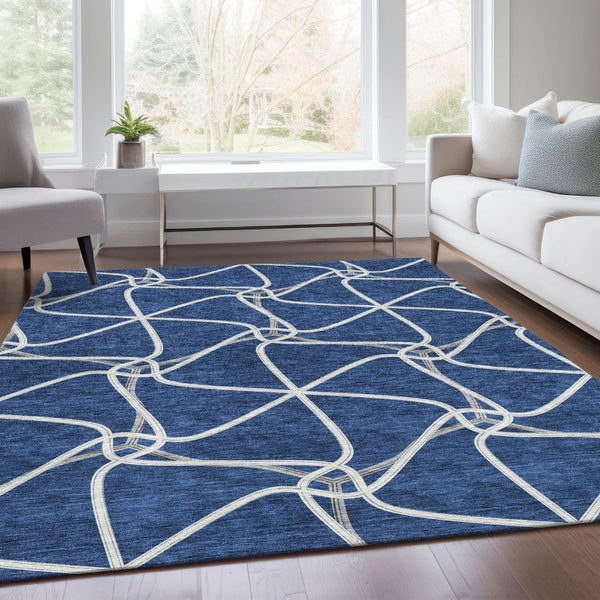 HomeRoots 5' X 8' Blue and Ivory Geometric Area Rug - Washable, UV Protected, Durable for Indoor & Outdoor Use 675356