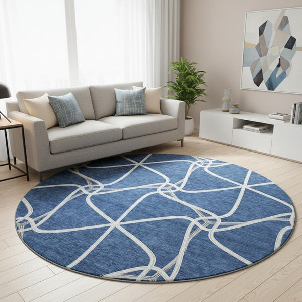 HomeRoots 8' Blue and Ivory Geometric Round Rug - Washable, UV-Protected, Durable, Perfect for Busy Spaces! 675357