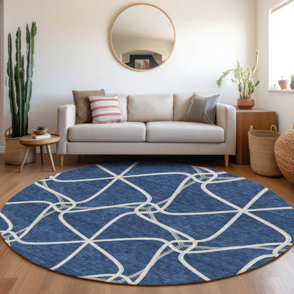 HomeRoots 8' Blue and Ivory Geometric Round Rug - Washable, UV-Protected, Durable, Perfect for Busy Spaces! 675357