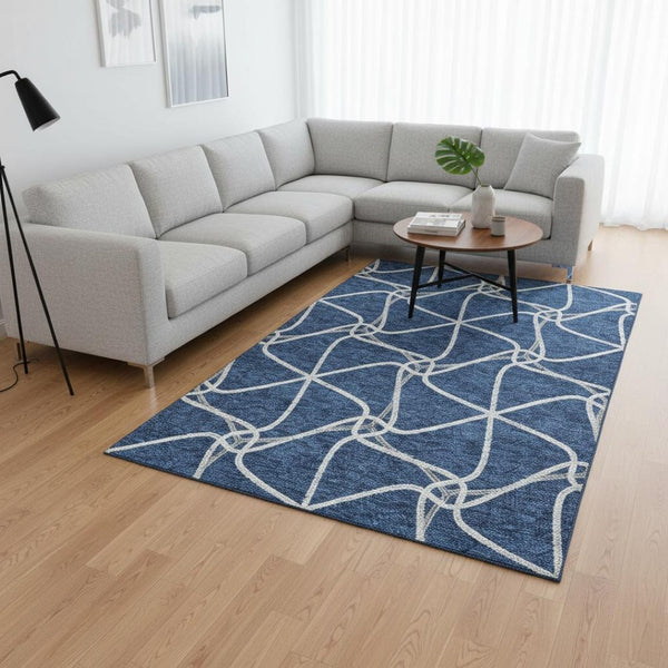 HomeRoots 8' X 10' Blue and Ivory Geometric Area Rug – Washable, Stain Resistant, UV Protected for Stylish Living 675358