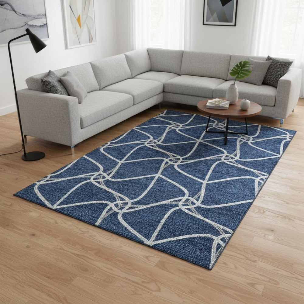 HomeRoots 9' X 12' Blue & Ivory Geometric Washable Area Rug - Stylish, Durable, UV Protected for Homes & Patios 675359