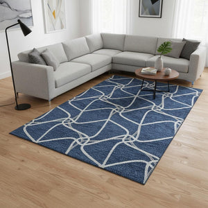 HomeRoots 9' X 12' Blue & Ivory Geometric Washable Area Rug - Stylish, Durable, UV Protected for Homes & Patios 675359