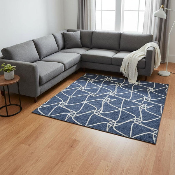 HomeRoots 10' X 14' Geometric Blue & Ivory Washable Area Rug - Durable, UV-Protected, Modern Home Essential! 675360
