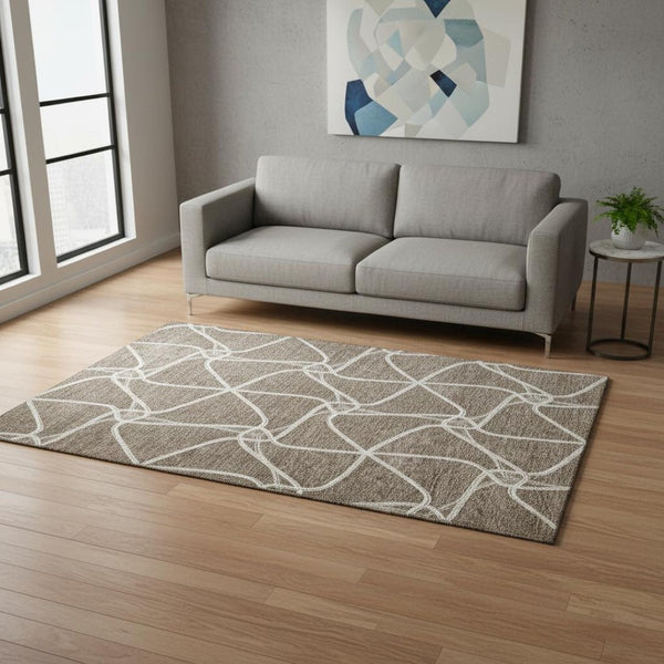 HomeRoots 5' X 8' Brown and Ivory Geometric Area Rug - Machine-Washable, UV-Protected, Pet-Friendly Design 675362
