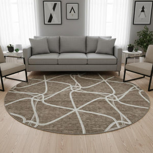 HomeRoots 8' Brown And Ivory Geometric Round Rug - Washable, Stain Resistant, and UV Protected for Modern Homes 675363