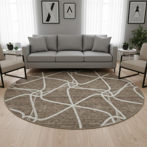HomeRoots 8' Brown And Ivory Geometric Round Rug - Washable, Stain Resistant, and UV Protected for Modern Homes 675363