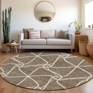 HomeRoots 8' Brown And Ivory Geometric Round Rug - Washable, Stain Resistant, and UV Protected for Modern Homes 675363