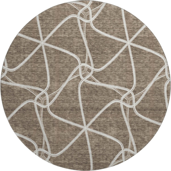 HomeRoots 8' Brown And Ivory Geometric Round Rug - Washable, Stain Resistant, and UV Protected for Modern Homes 675363
