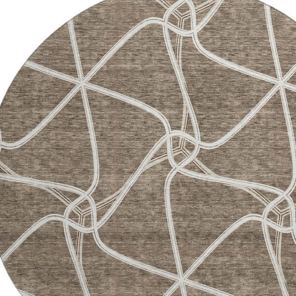 HomeRoots 8' Brown And Ivory Geometric Round Rug - Washable, Stain Resistant, and UV Protected for Modern Homes 675363