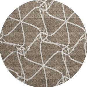 HomeRoots 8' Brown And Ivory Geometric Round Rug - Washable, Stain Resistant, and UV Protected for Modern Homes 675363