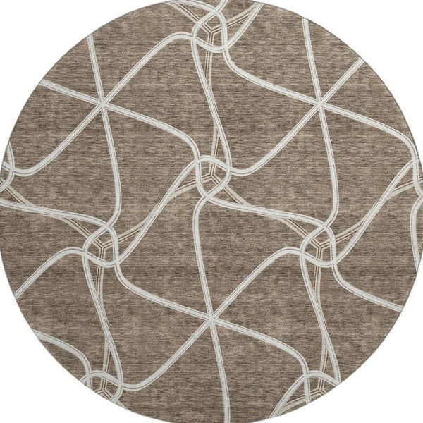 HomeRoots 8' Brown And Ivory Geometric Round Rug - Washable, Stain Resistant, and UV Protected for Modern Homes 675363