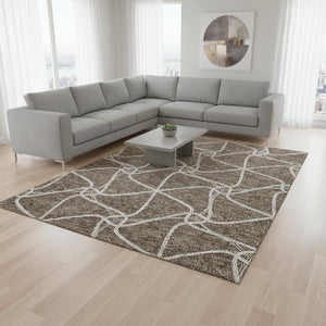 HomeRoots 9' X 12' Brown and Ivory Geometric Washable Area Rug - Durable, Stylish, UV Protected for Busy Homes 675365