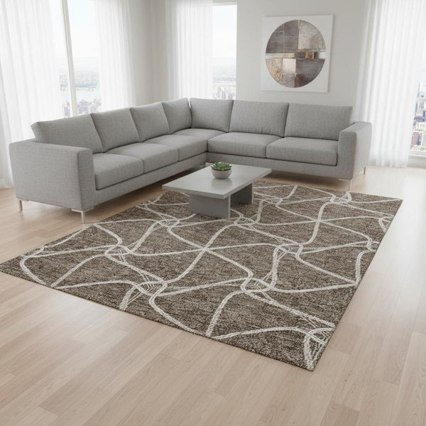 HomeRoots 9' X 12' Brown and Ivory Geometric Washable Area Rug - Durable, Stylish, UV Protected for Busy Homes 675365