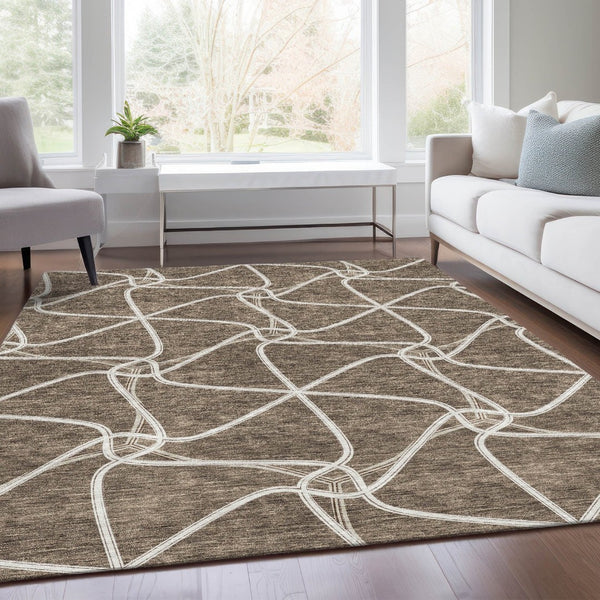 HomeRoots 9' X 12' Brown and Ivory Geometric Washable Area Rug - Durable, Stylish, UV Protected for Busy Homes 675365
