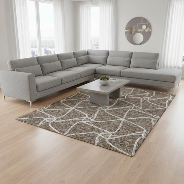 HomeRoots 10' X 14' Brown And Ivory Geometric Area Rug - Washable, Stain Resistant, UV Protected for Busy Homes 675366