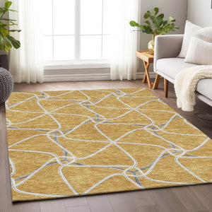 HomeRoots 5' X 8' Modern Gold Ivory Gray Geometric Washable Area Rug - Stylish, Durable, Stain-Resistant Design 675368