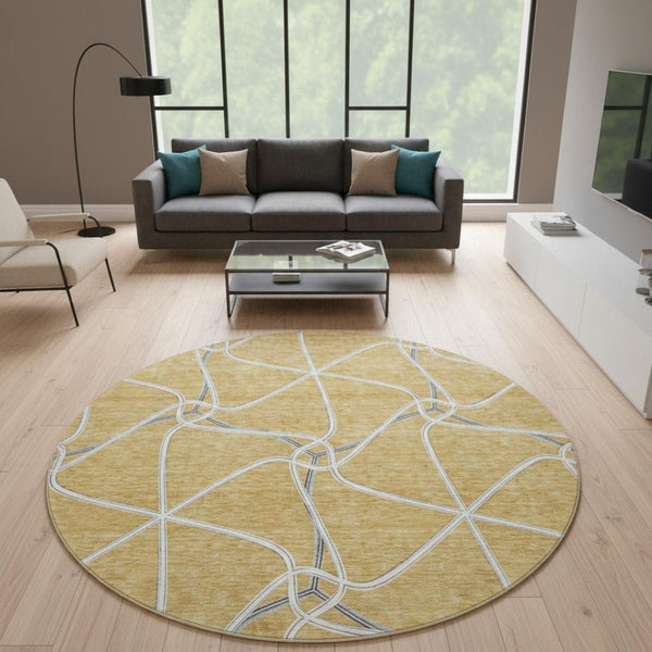 HomeRoots 8' Gold Ivory and Gray Geometric Washable Round Rug with UV Protection - Ideal for Busy Homes! 675369