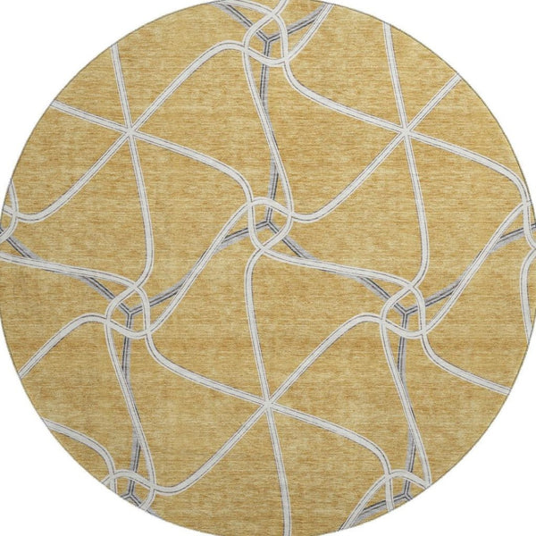 HomeRoots 8' Gold Ivory and Gray Geometric Washable Round Rug with UV Protection - Ideal for Busy Homes! 675369