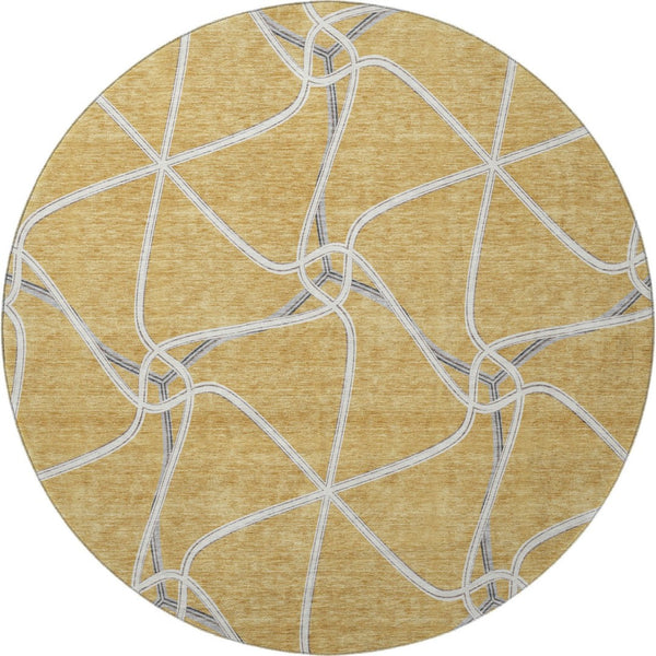 HomeRoots 8' Gold Ivory and Gray Geometric Washable Round Rug with UV Protection - Ideal for Busy Homes! 675369